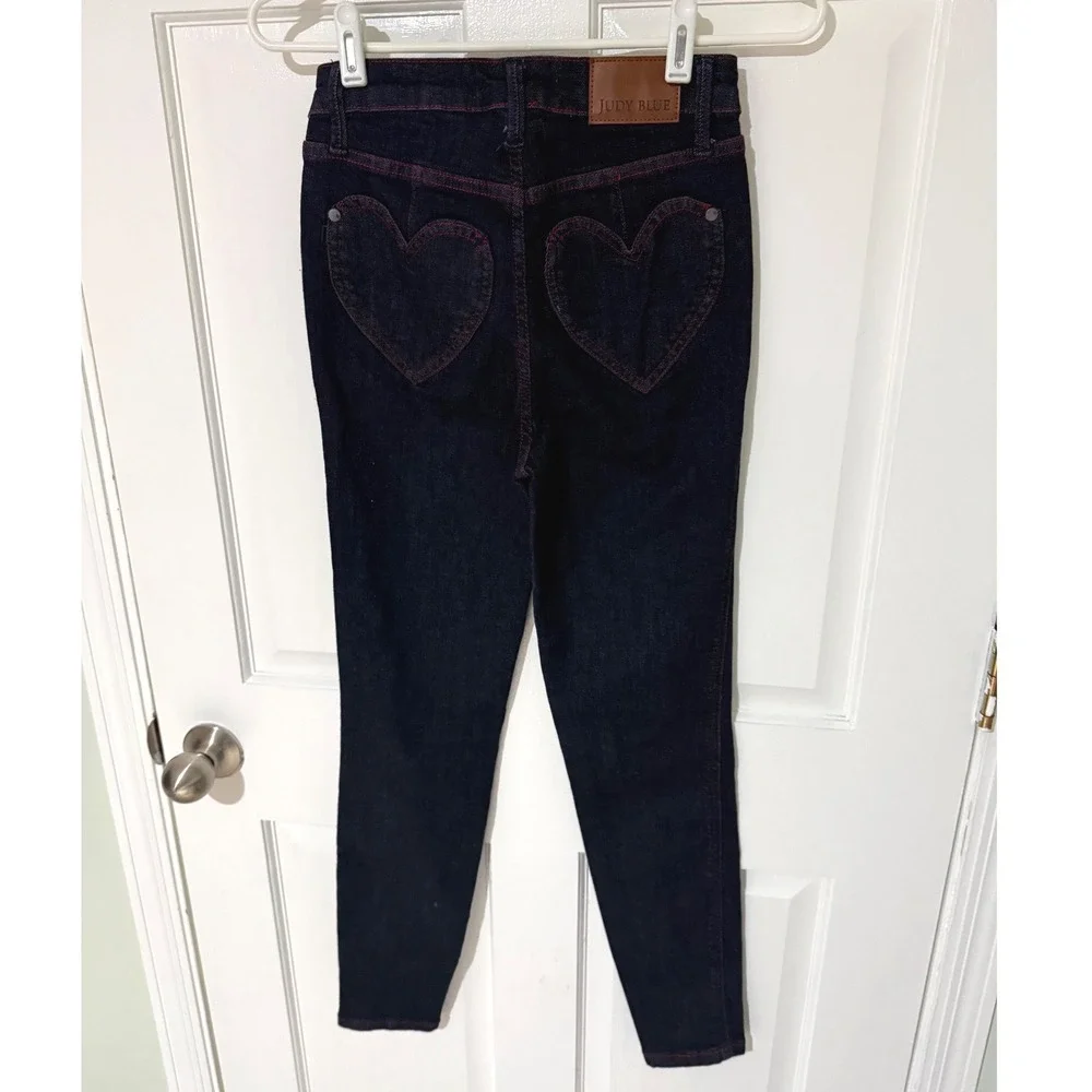 Judy‎ Blue Skinny Jeans Indigo Red Contrast Stitch Heart Pockets Size 0/24